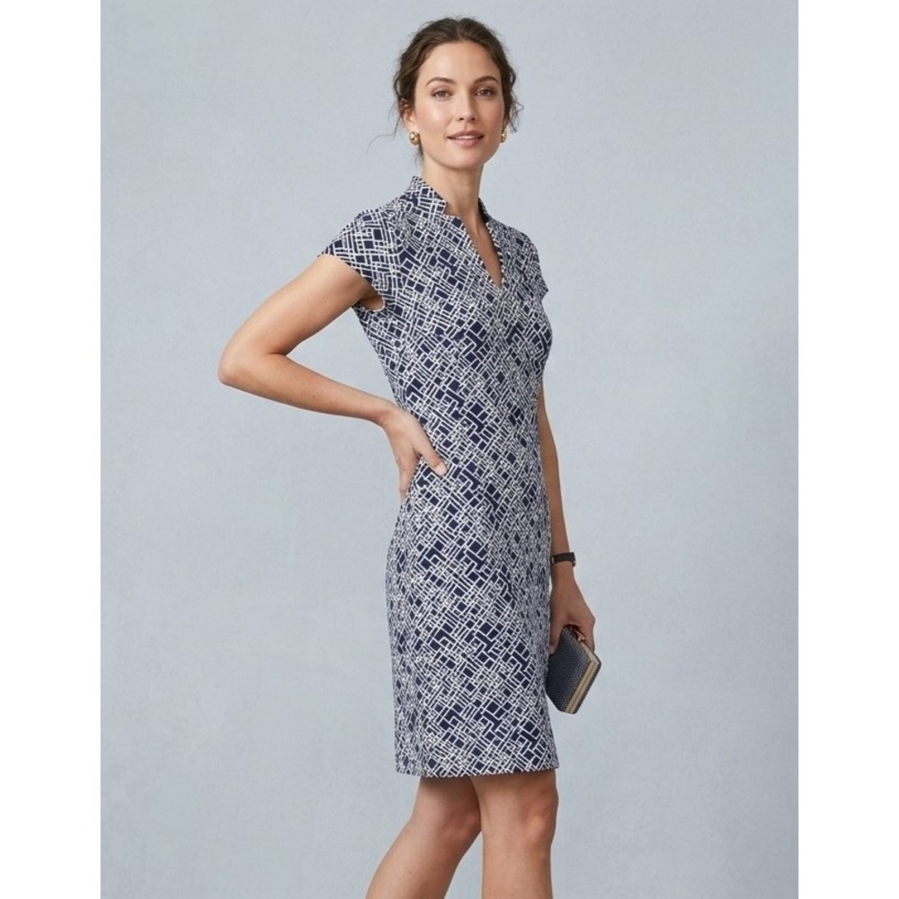 J. McLaughlin Navy and White Geometric Sheath Dress - Picture 1 of 8